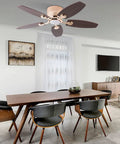 Ceiling Fan with Light 42 Inch Handheld Controller 3 Color Temperature in modern dining room with wooden table and grey chairs.