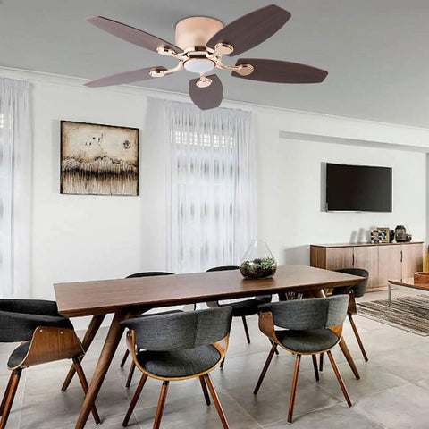 Ceiling Fan with Light 42 Inch Handheld Controller 3 Color Temperature in modern dining room with wooden table and grey chairs.