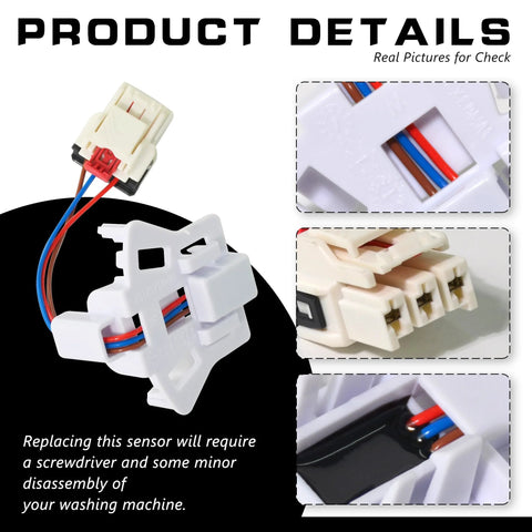 Washer speed sensor wiring harness, white plastic connector with red and blue wires; multiple views