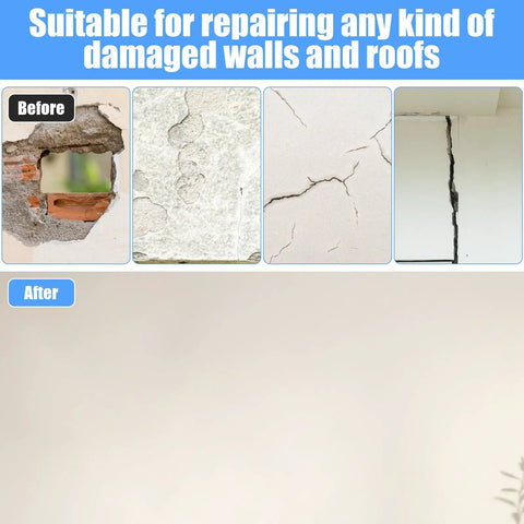 Before and after of DIY Wall Repair Kit No Pro Needed With 4 Large 12 Inch Self Adhesive Mesh Patches Heavy Duty Metal Patch Tools Scraper And 2 Sandpapers For Quick Fixes On Walls And Ceilings used on wall cracks and holes.