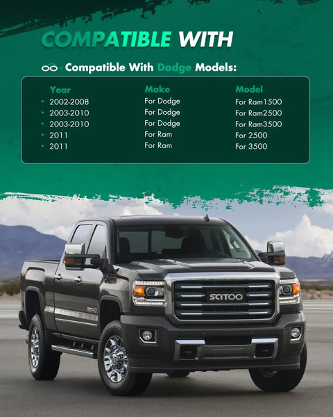 3 Inch Front And 2 Inch Rear Leveling Lift Kit For Ram 2500 2011 3500 2011 Dodge Ram 1500 2002 2008 Ram 2500 2003 2010 Ram 3500 2003 2010 Off Road Ready Easy Install Durable Steel Construction compatibility chart with truck image.