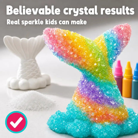 Mermaid Crystal Growing Kit For Kids 6 To 8, STEM Craft Toy That Grows Sparkling Crystals On A Mermaid Tail, Totally Screen-Free, Hands-On Science And Art Project For Young Scientists. Rainbow crystal mermaid tail with supplies