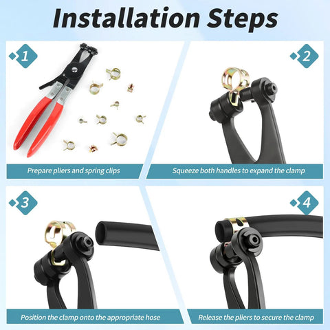 Installation steps for All-In-One 100Pcs Spring Band Hose Clamps Kit With 10 Sizes 5mm To 16mm and pliers shown