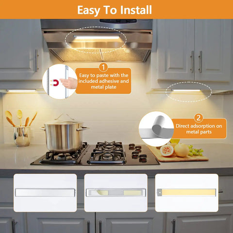 Easy installation of Under Cabinet Lights 2-Pack Wireless Magnetic Motion Sensor USB-C Rechargeable 1700mAh Battery, 3 Color Temperatures
