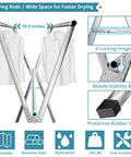 Straight Up Heavy Duty Clothes Drying Rack With Windproof Hooks Foldable Stainless Steel Laundry Stand showing 3 drying rods with shirts.