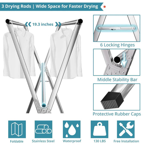 Straight Up Heavy Duty Clothes Drying Rack With Windproof Hooks Foldable Stainless Steel Laundry Stand showing 3 drying rods with shirts.