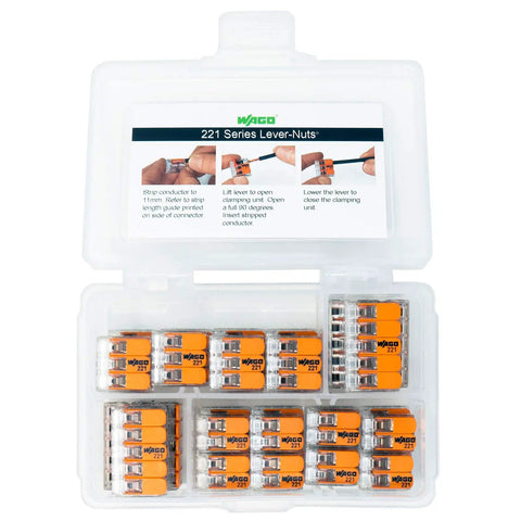 Lever Nut Wire Connector Kit 36-Piece No Fuss Compact Splice Assortment For Solid Stranded And Flexible Copper Wire 24-12 AWG Includes 221-412 221-413 221-415 in plastic case