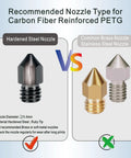 Comparison of recommended nozzle types for Badass PETG Carbon Fiber Filament showing hardened steel vs. brass nozzles.