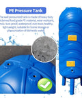 Solid Vertical Water Pressure Tank With Mounting Kit Freeze Proof Food Grade Polyethylene Well Storage Container Built Heavy Duty For Home Plumbing Zero Headaches Installation Sweet Smooth Flow, blue tank with connection ports.