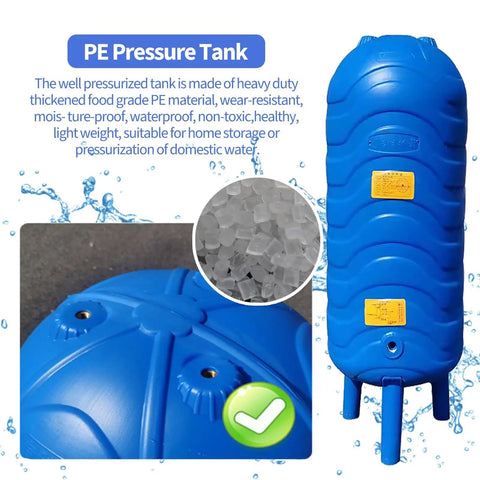 Solid Vertical Water Pressure Tank With Mounting Kit Freeze Proof Food Grade Polyethylene Well Storage Container Built Heavy Duty For Home Plumbing Zero Headaches Installation Sweet Smooth Flow, blue tank with connection ports.