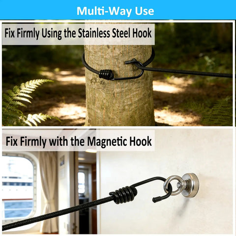 Must Have Camping Clothesline With Magnetic Hooks And 12 Colorful Clips for Camper RV Living on tree and wall