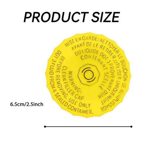 Yellow ABS Brake Fluid Reservoir Cap for Jeep Wrangler 2018, 6.5cm size, top view showing detailed warning text.