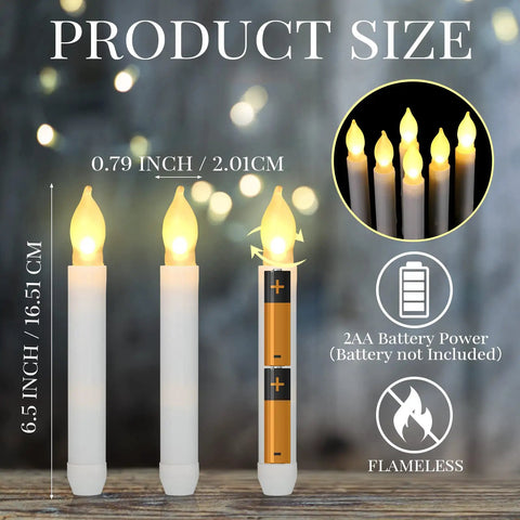 Product image showing 3 flameless LED taper candles with dimensions 6.5 x 0.8 inches, battery operated, safe décor.