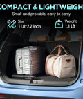 Compact Handheld Cordless Car Vacuum With 21000 Pa Suction Power shown in car trunk, size 11.8x2.2 inches and 1.1 lb weight