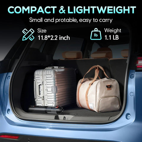 Compact Handheld Cordless Car Vacuum With 21000 Pa Suction Power shown in car trunk, size 11.8x2.2 inches and 1.1 lb weight