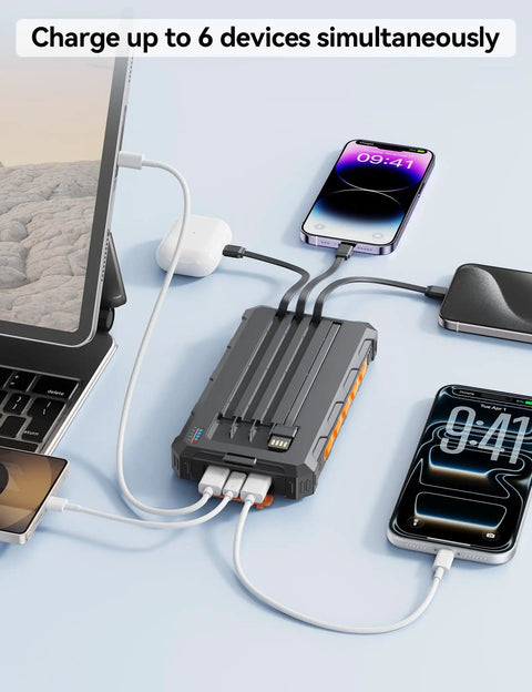 On The Go Solar Power Bank 20000mAh With Built In Cables 20W Fast Charge charging multiple devices at once on table