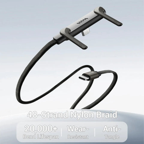 2-In-1 Holder Charger Cable With Stand showing nylon braided cable in black, highlighting 48-strand braid, wear-resistant design.