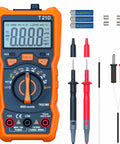 Auto Ranging Pro Grade Digital Multimeter With TRMS 6000 Counts, orange shell, probes, batteries, fuses, front view
