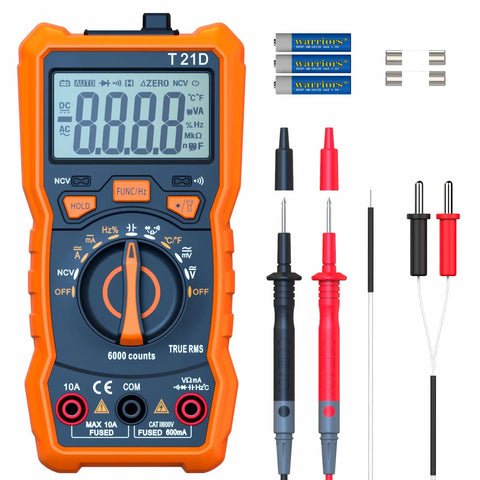 Auto Ranging Pro Grade Digital Multimeter With TRMS 6000 Counts, orange shell, probes, batteries, fuses, front view