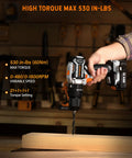 Brushless Power Drill Kit With 1/2 Inch All Metal Chuck, 530 In-Lb Torque, 2 Speed, Impact Function in use on wooden board