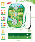 Dimensions and components of 4 In 1 Kids Golf Set With Retractable Club, Putting Practice Mat, Three Sided Chipping Net, Sticky Boards