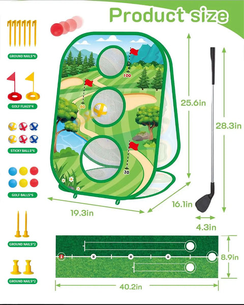 Dimensions and components of 4 In 1 Kids Golf Set With Retractable Club, Putting Practice Mat, Three Sided Chipping Net, Sticky Boards