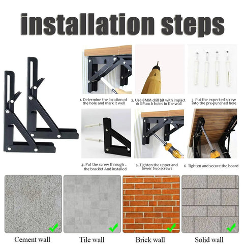Installation steps for Heavy Duty Metal Shelf Brackets For Wall Mounted Folding Shelves Collapsible Stainless Steel Supports DIY Home Setup Built Like A Tank To Hold A Ton 400X175Mm.