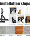 Installation steps for Legit Heavy Duty Black Folding Shelf Brackets Wall Mount Supports Rock Solid 150 Lb Load Capacity Pack Of Two.