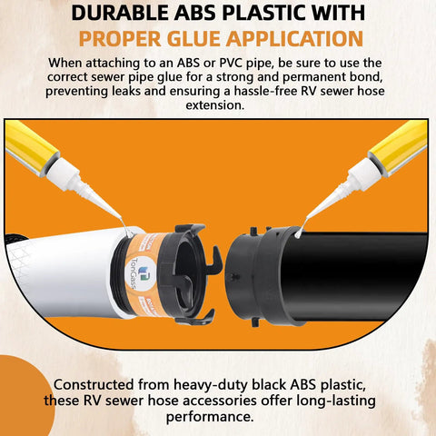 RV Sewer Hose Adapter Kit With 3 Inch Rotating Rigid Bayonet Adapter And Termination Fitting, Includes Male Thread And Hooks, 3 Inch Bayonet Hub Connector For Easy Waste Disposal On The Go. ABS adapter attached to RV sewer pipe with glue