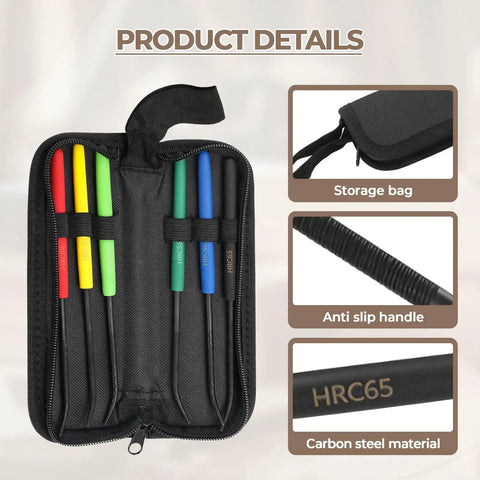 Six-Piece HRC40 To HRC65 Hardness Tester File Set With Color-Coded Handles, 7.1-Inch Carbon Steel Files, Heavy-Duty Pro-Grade Metal Hardness Testing Kit For Industrial QC, Machining, Tool Manufacturing, Includes Oxford Storage Bag.