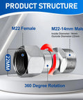 360 Degree Swivel Pressure Washer Fittings M22 14mm Thread 5000 PSI Universal Connectors For Hassle Free Hose Maneuvering And No Kinks Two Pack showing M22 female and male ends, 22mm and 14mm
