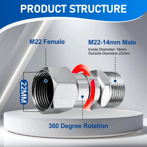 360 Degree Swivel Pressure Washer Fittings M22 14mm Thread 5000 PSI Universal Connectors For Hassle Free Hose Maneuvering And No Kinks Two Pack showing M22 female and male ends, 22mm and 14mm