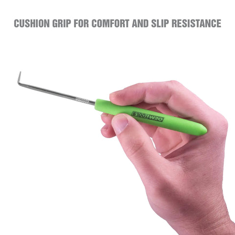 Hand holding Four Piece Hook And Pick Set With Green Handles For Precision Projects And O Ring Picks A Grab And Go Tool Kit