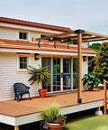 Beefy Heavy Duty Roof Riser Brackets Kit Three Piece, Adjustable Angle Pergola Brackets installed on patio structure.