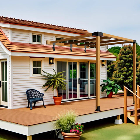 Beefy Heavy Duty Roof Riser Brackets Kit Three Piece, Adjustable Angle Pergola Brackets installed on patio structure.