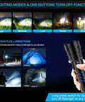 Person holding Rechargeable UV Flashlight 3 In 1 Black Light LED Tactical Flashlight, 2000 Lumens, showing lighting modes.