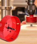 Knockout 3 Inch Hss Bimetal Hole Saw Kit With Pilot Drill Bit And Arbor Cuts No Sweat Through Wood Drywall Pvc Plastic And Aluminum, close-up view of circular saw.