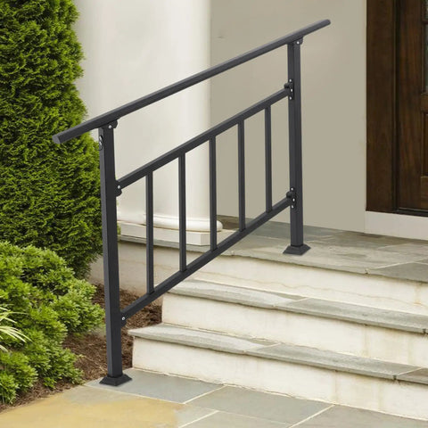Kickass Four Step Stair Railing With Metal Fence For Indoor And Outdoor Steps Heavy Duty Steel Handrail installed on outdoor steps.