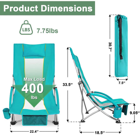 High Back Beach Chair For Camping And Tailgating, Ultra Lightweight Yet Heavy Duty Support, shown with dimensions and weight