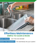 Person rinsing aluminum range hood filter under sink faucet, showcasing easy cleaning and reuse; product: Universal Replacement Range Hood Filter Fits Most Vent Hoods 11.5 X 11.75 X 0.375 Inches Aluminum Air Cleaner For Grease And Odor Easy Install 1 Pack Dishwasher Safe Long Lasting Performance