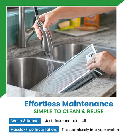 Person rinsing aluminum range hood filter under sink faucet, showcasing easy cleaning and reuse; product: Universal Replacement Range Hood Filter Fits Most Vent Hoods 11.5 X 11.75 X 0.375 Inches Aluminum Air Cleaner For Grease And Odor Easy Install 1 Pack Dishwasher Safe Long Lasting Performance