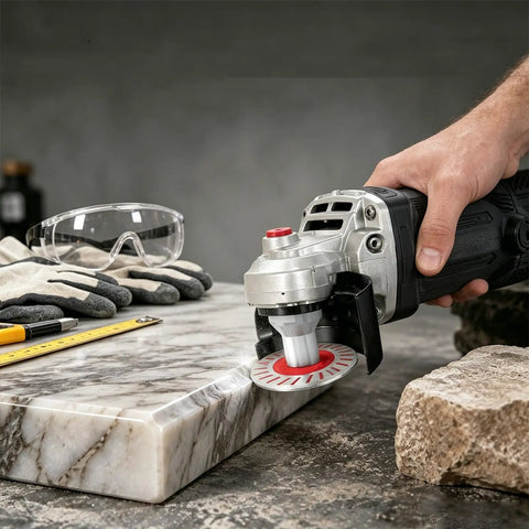 Badass Grade 4 Pack Mini Diamond Saw Blades Set For Granite Marble And Tile Precision Cutting With 5 8 11 Arbor Includes Flange Fasteners For Beveling Detail Projects being used on marble countertop.