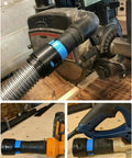 7 Piece Dust Collection Hose Adapters Kit for Home and Shop Vacuums attached to various woodworking tools and sanders.