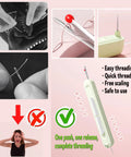 Collage featuring Upgraded Automatic Needle Threader Set 3 Pack, close-up of threading tool, and user showing frustration with manual threading.
