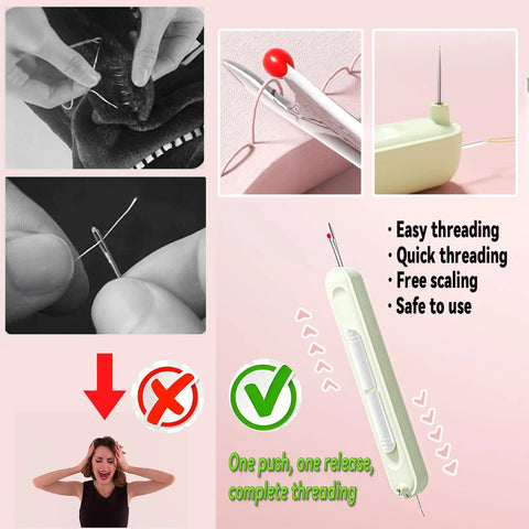 Collage featuring Upgraded Automatic Needle Threader Set 3 Pack, close-up of threading tool, and user showing frustration with manual threading.