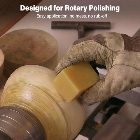 Hand using Straight Up Pure Carnauba Wax Bar for Wood Finishing on rotary polishing machine for a smooth finish.