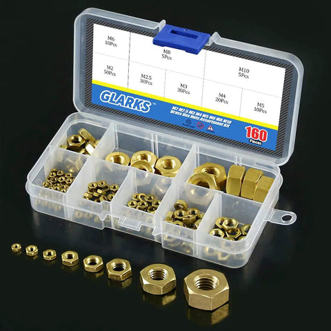 High Strength Brass Hex Nuts Set 160Pcs Metric M2 M2.5 M3 M4 M5 M6 M8 M10 Assortment Kit in organized plastic box displayed open