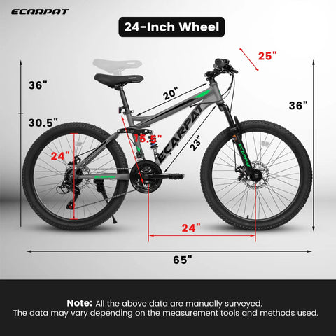 Beefed Up Dual Suspension 24 Inch Mountain Bike With 21 Speed Disc Brakes Front Fork And Rear Shock Absorber Carbon Steel Frame