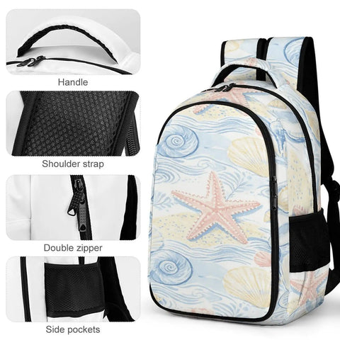 Coastal Beach Vibe Starfish Conch Repeat Print Unisex Backpack with large capacity and durable polyester fabric, breathable design
