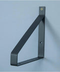 Steel Corner Bracket Wall Mounted Shelf Support Triangular Iron Brackets Set Of Two Black Metal Rack mounted on blue wall.